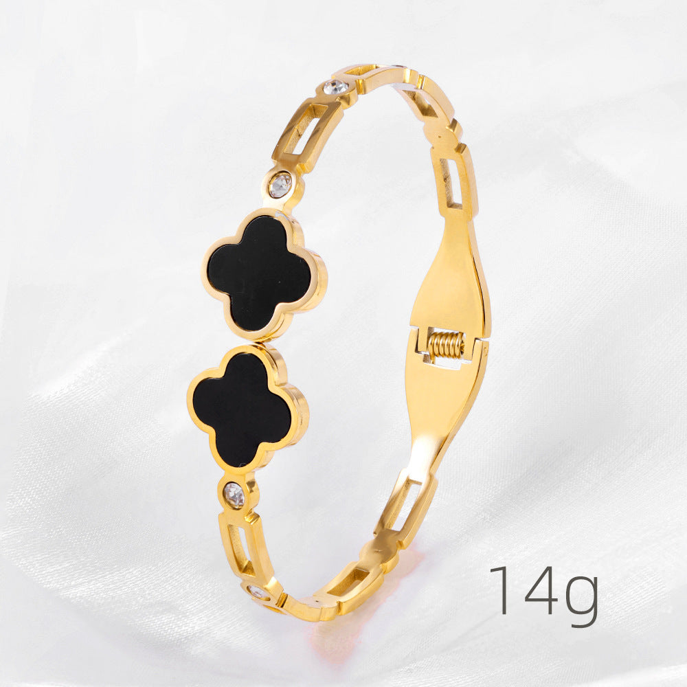 Luxury Black Clover Gold Bracelet for Women – Korean Style Stainless Steel Bangle