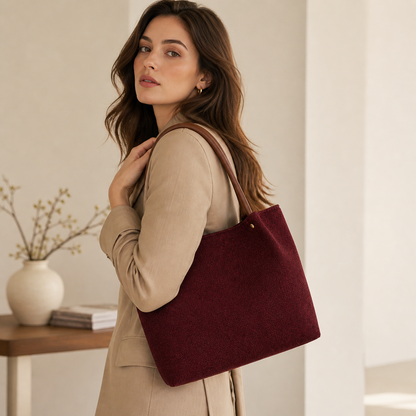 Daily Tote Bag - Premium Woven Fabric Maroon & Brown